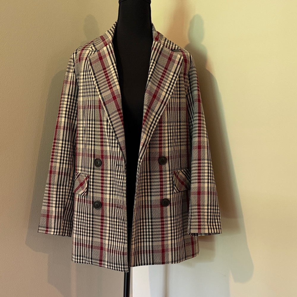 Checked Double-Breasted Blazer Jacket in Cream, Black & Red Plaid